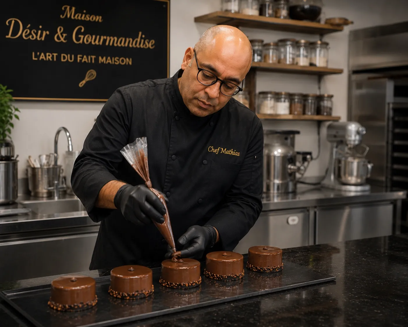 Le Chef Mathias dressant des mignardises au chocolat dans l'atelier Maison Désir & Gourmandise