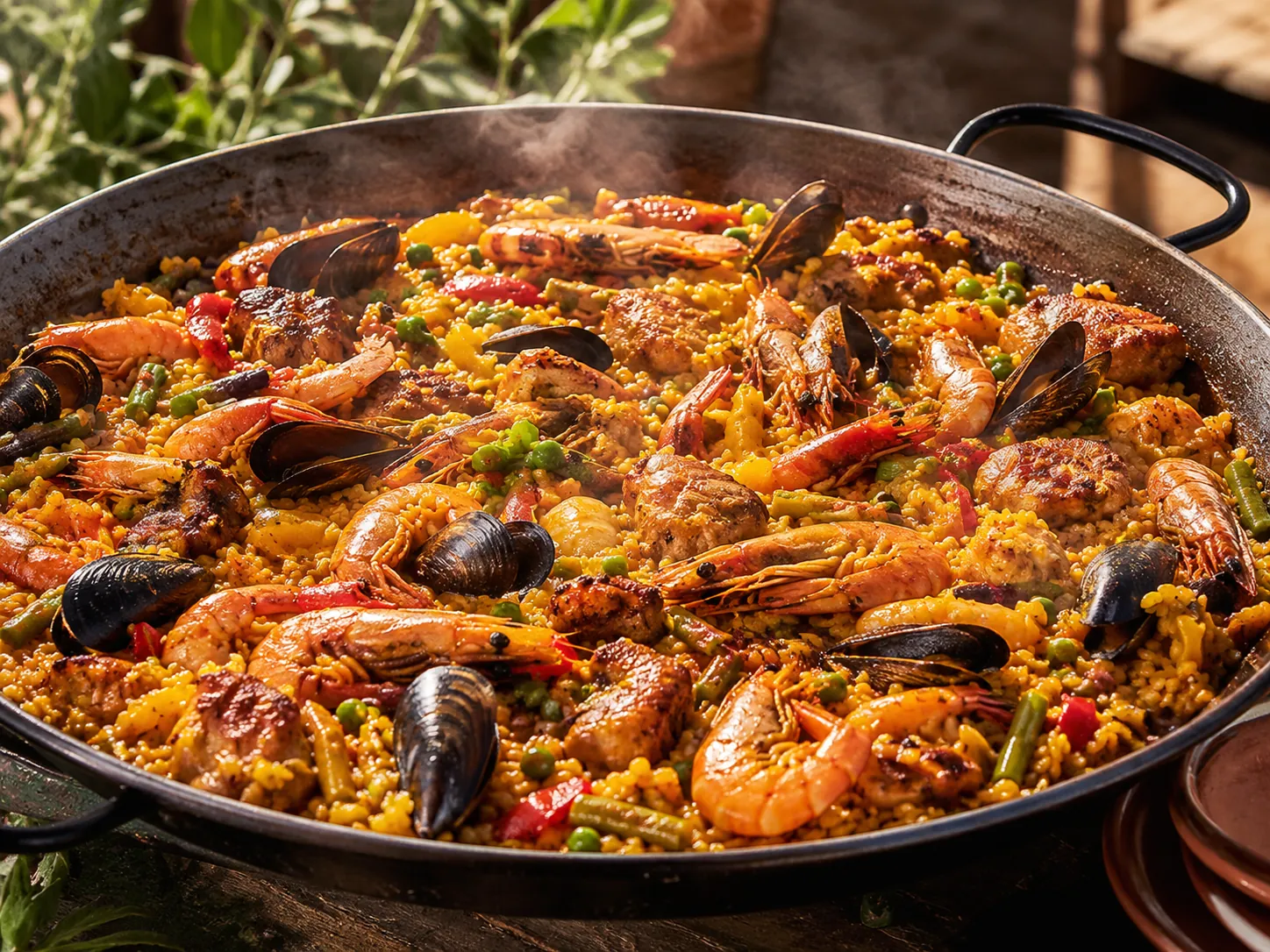 Paella géante fumante aux crevettes et moules, cuisinée par un traiteur de Valence — réalisation Maison Désir & Gourmandise