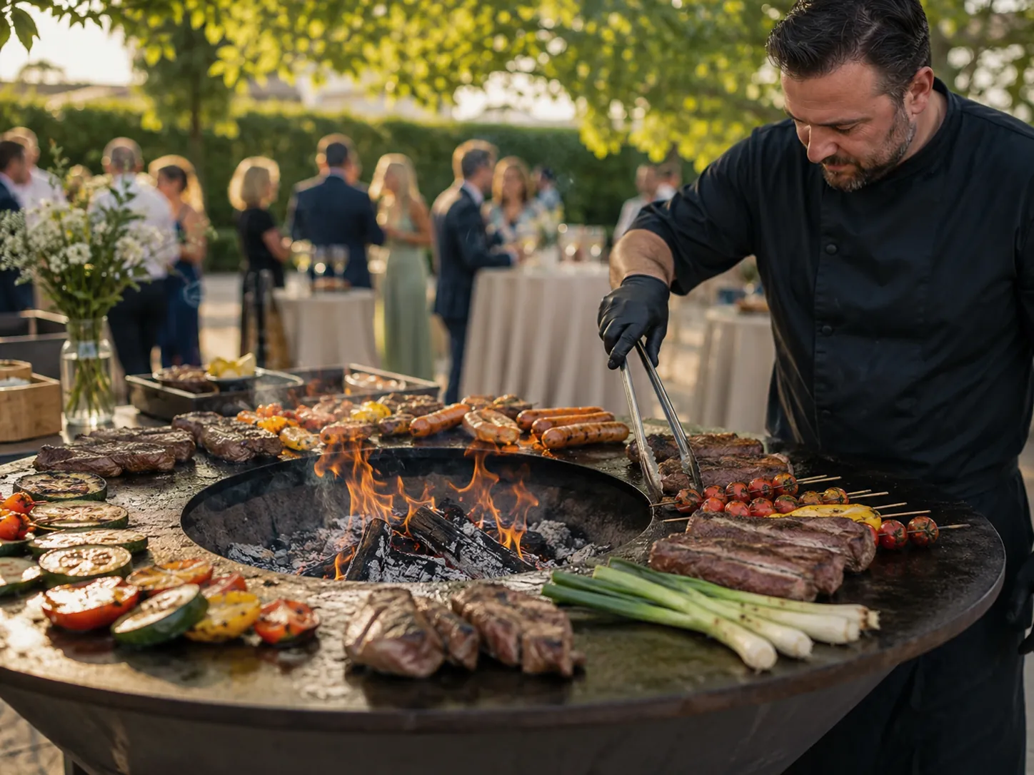 Notre chef grillant viandes et légumes au brasero au feu de bois lors d'une réception de 90 personnes près de Lyon — réalisation Maison Désir & Gourmandise