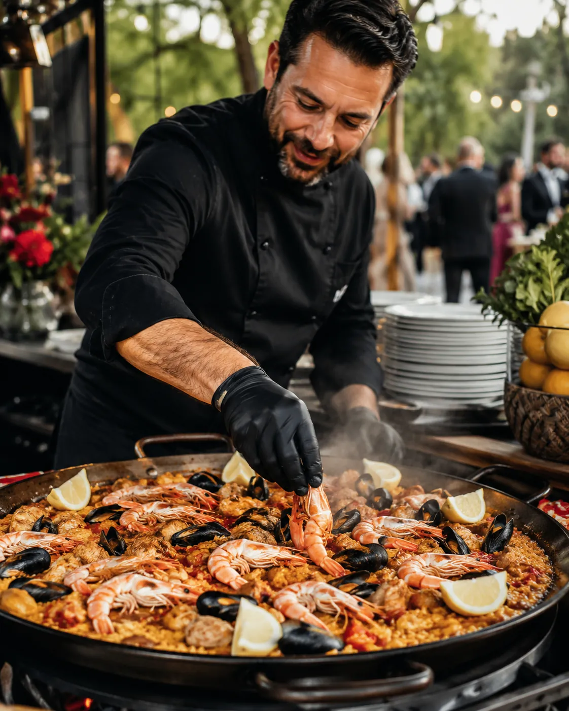 Notre chef cuisinant la paella géante devant les invités lors d'une réception de 150 personnes à Valence — réalisation Maison Désir & Gourmandise