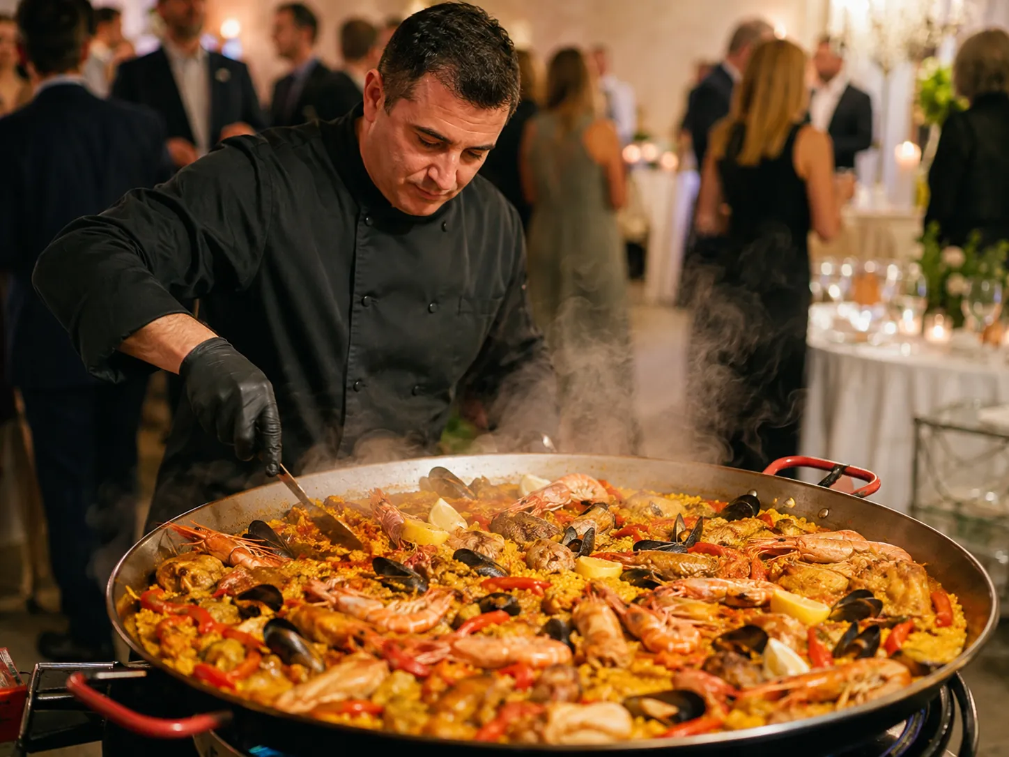 Notre chef cuisinant la paella géante devant les invités lors d'une réception — réalisation Maison Désir & Gourmandise